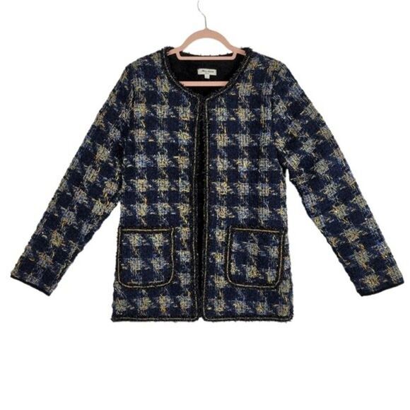 Miss Charm Paris Blue Open Front Boucle Jacket Sz L - Picture 1 of 11